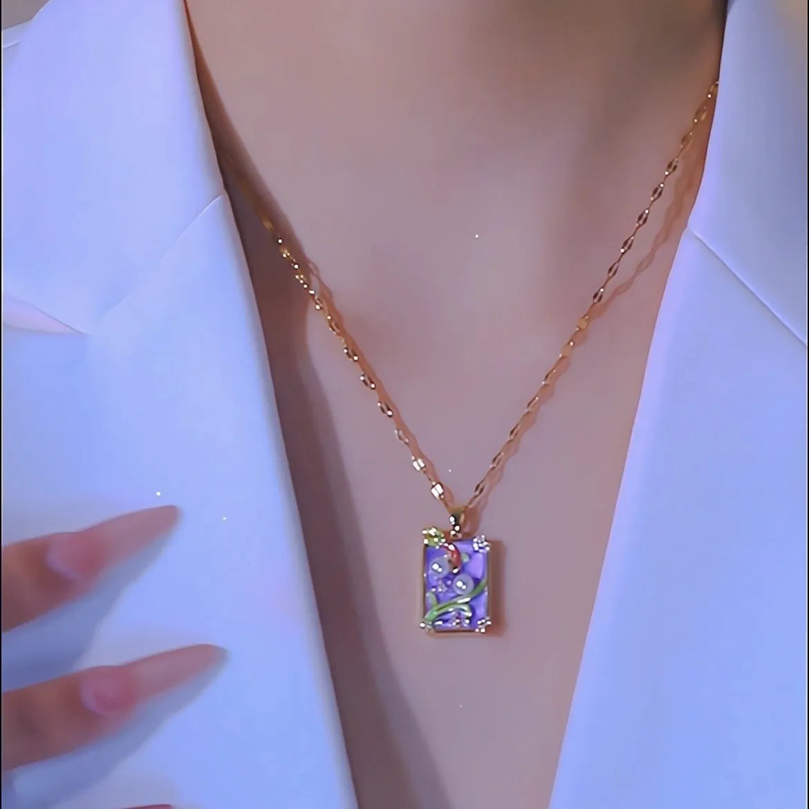 Pink vintage oil painting flower pendant necklace on titanium steel chain with copper pendant and electroplating finish
