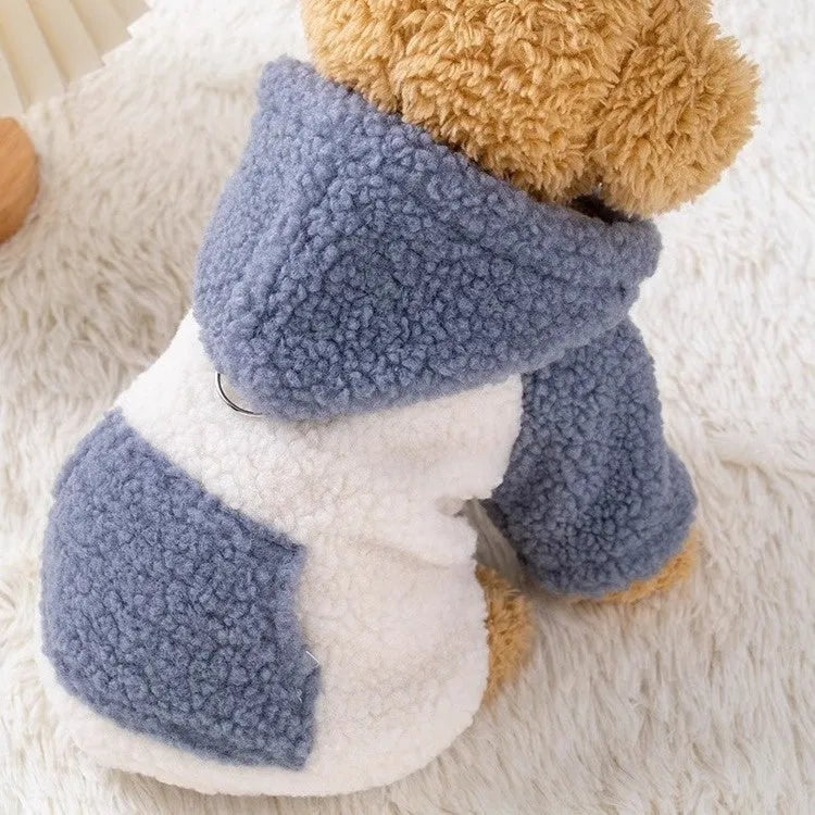 Thickened hooded cotton-padded dog coat in brown colour showing fleece lining and size options