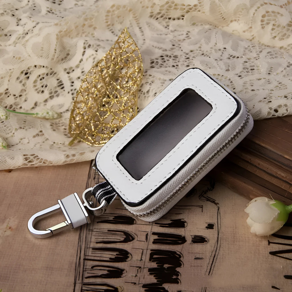 White genuine leather car key case with plain weave pattern and square vertical shape