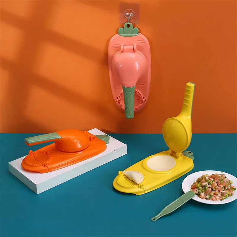 Manual plastic dumpling press tool with ergonomic handle and hanging hole for storage.