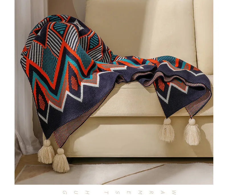 Bohemian-style acrylic sofa blanket with tassel fringe in geometric pattern colour option