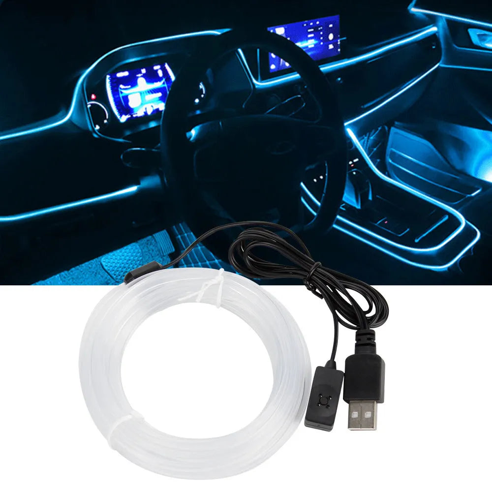 Flexible multicolour LED car ambient light strip with USB connector for 12V power.