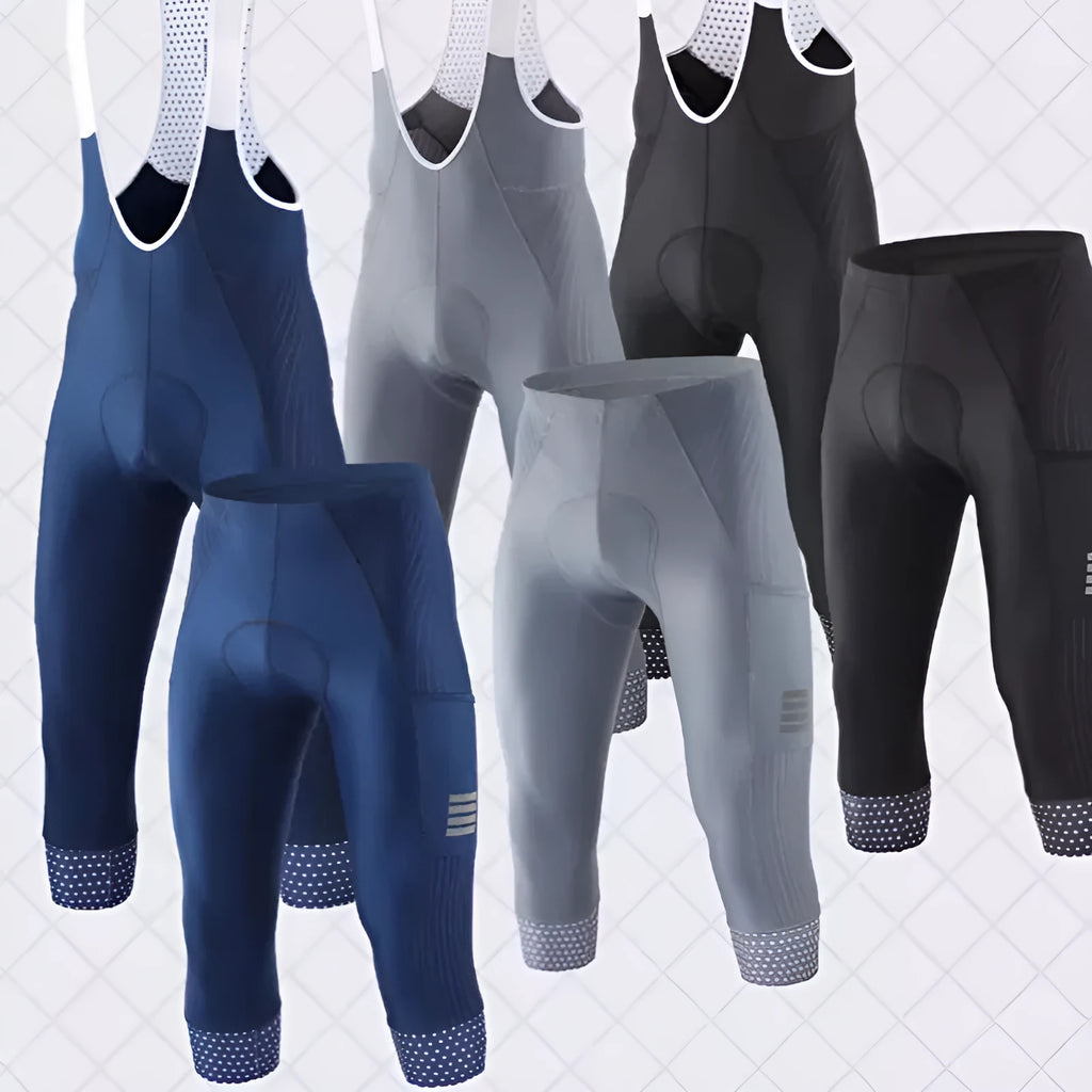 Black cycling shorts with integrated chamois padding and two side pockets for road or mountain biking.