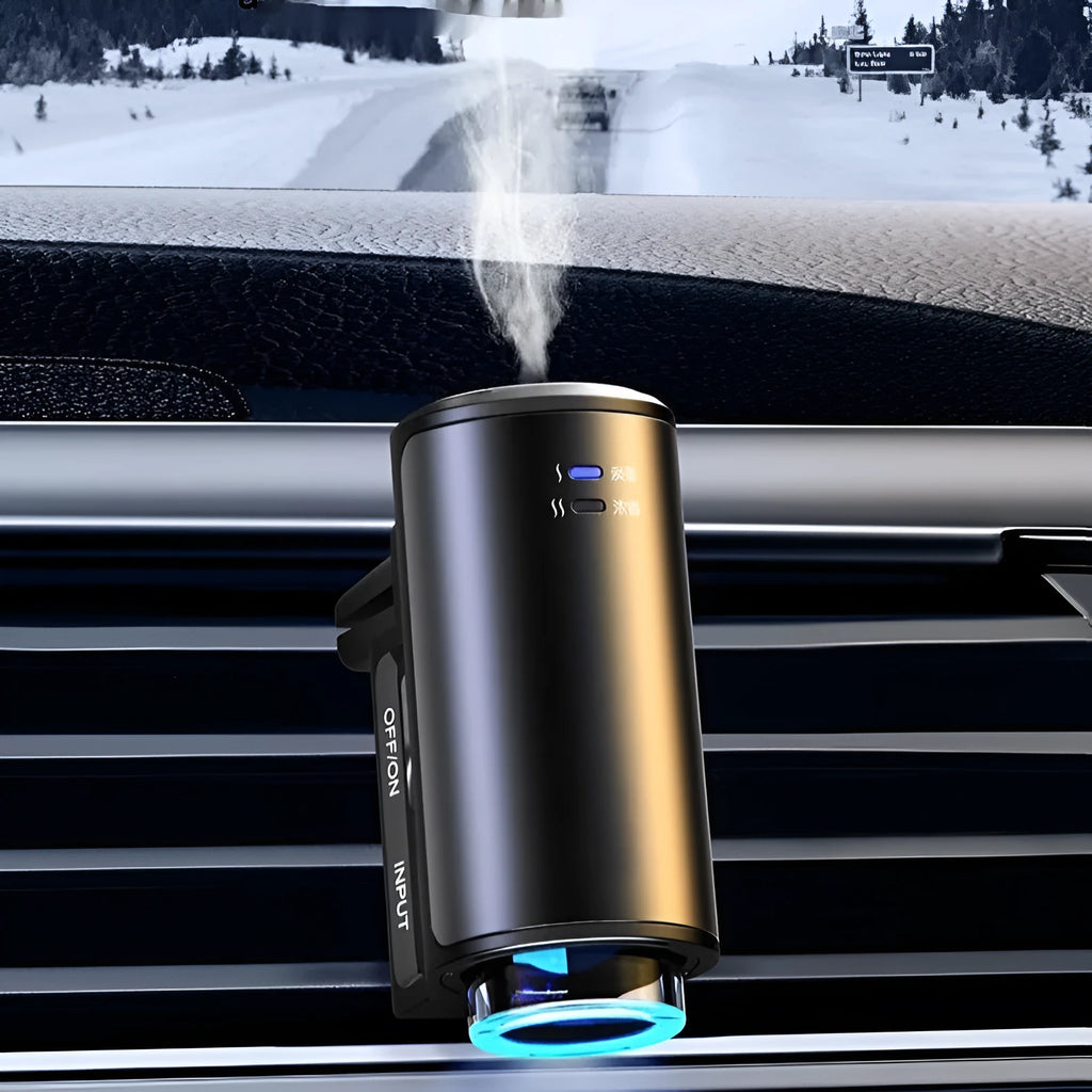 Smart car aroma diffuser clipped onto vehicle air vent in obsidian black colour