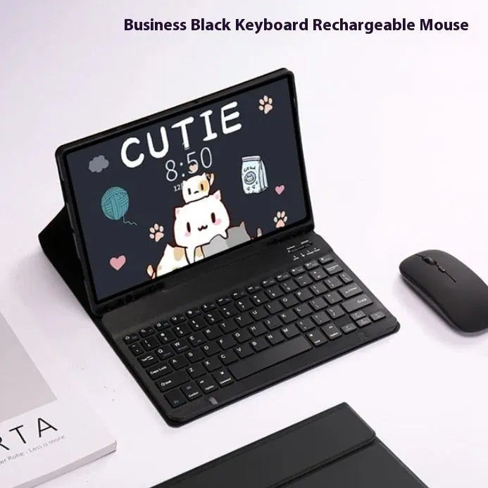 Samsung Galaxy tablet in a TPU case with a Bluetooth keyboard and a charging mouse alongside.