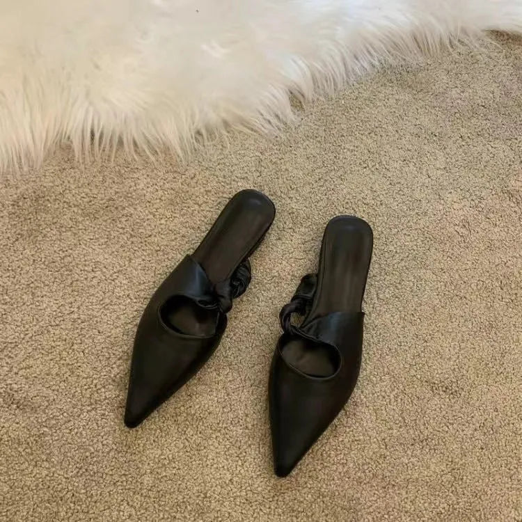 Soft leather women's slippers with semi-toe box design in black, khaki, cream-white, or dark brown.
