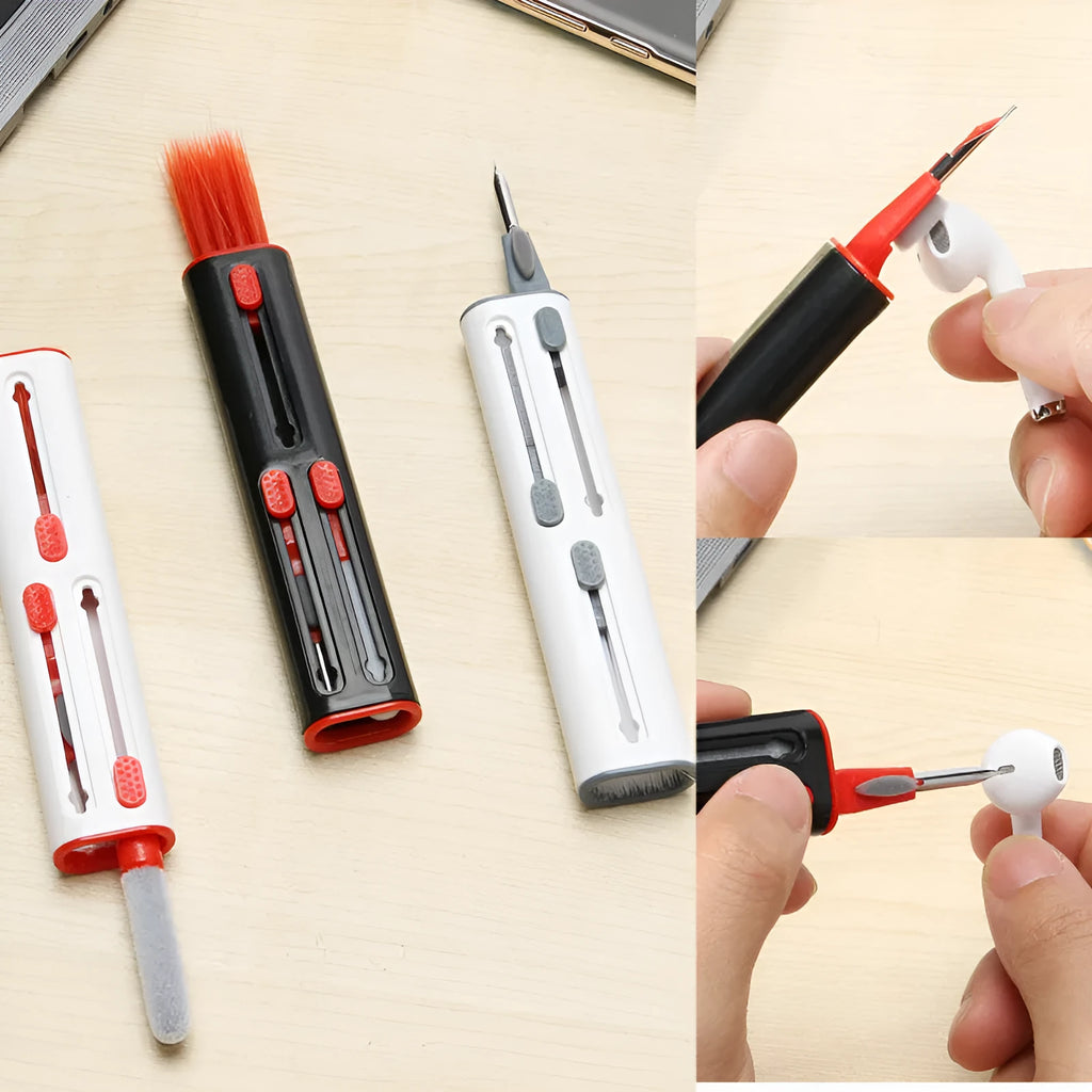 AirPods Pro cleaning kit with white and red 3-in-1 pen, showing brush, sponge, and metal nib heads.