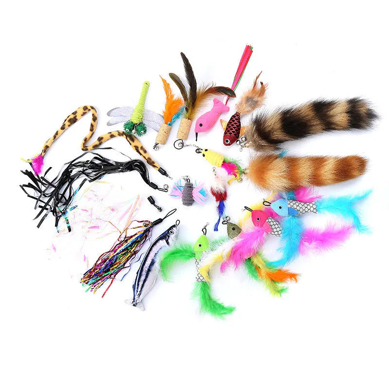 Cat teasing fishing rod set with two extendable poles and ten feather attachments