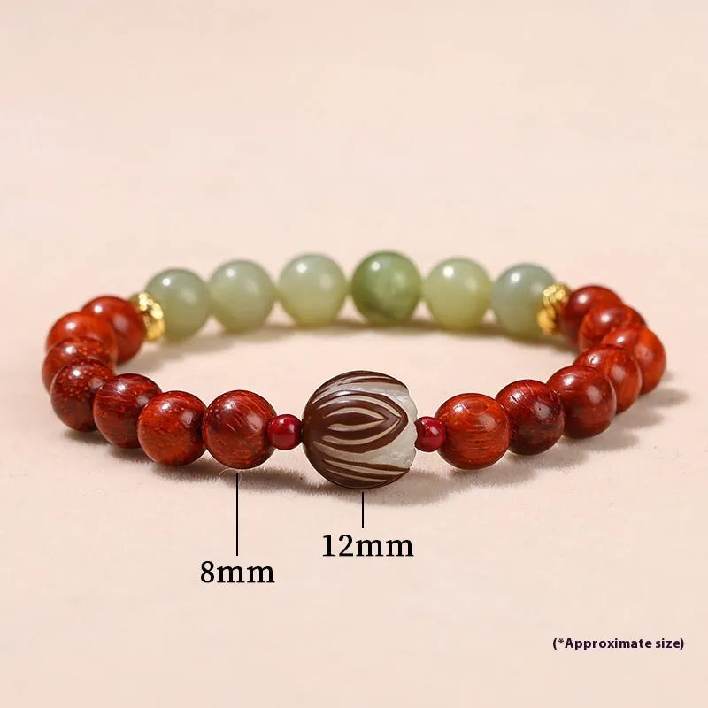 Red Rosewood and gray jade Bodhi Lotus bracelet for women with 12mm geometric beads.