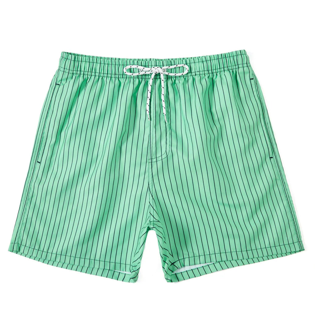 Men's navy blue and grey striped polyester beach shorts with straight leg opening.
