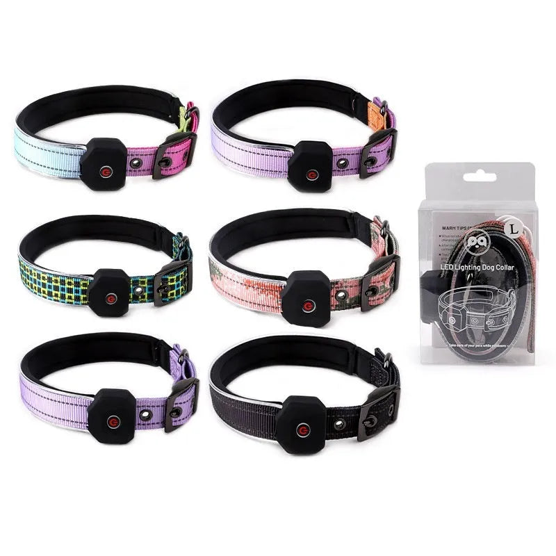 Blue and green plaid LED dog collar with reflective stripe and USB charging port.