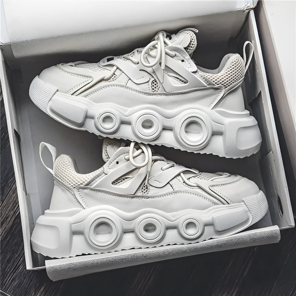 Men's low-top casual sneakers with mesh upper and thick rubber sole in black, grey, or white.