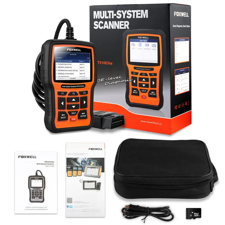 Orange and black Foxwell NT510 automotive diagnostic scanner with OBD2 connector and colour screen