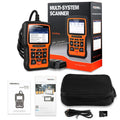 Orange and black Foxwell NT510 automotive diagnostic scanner with OBD2 connector and colour screen