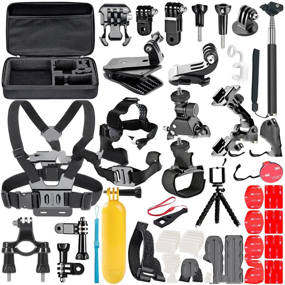 Black GoPro accessories set with chest strap, helmet mount, and tripod for Hero cameras
