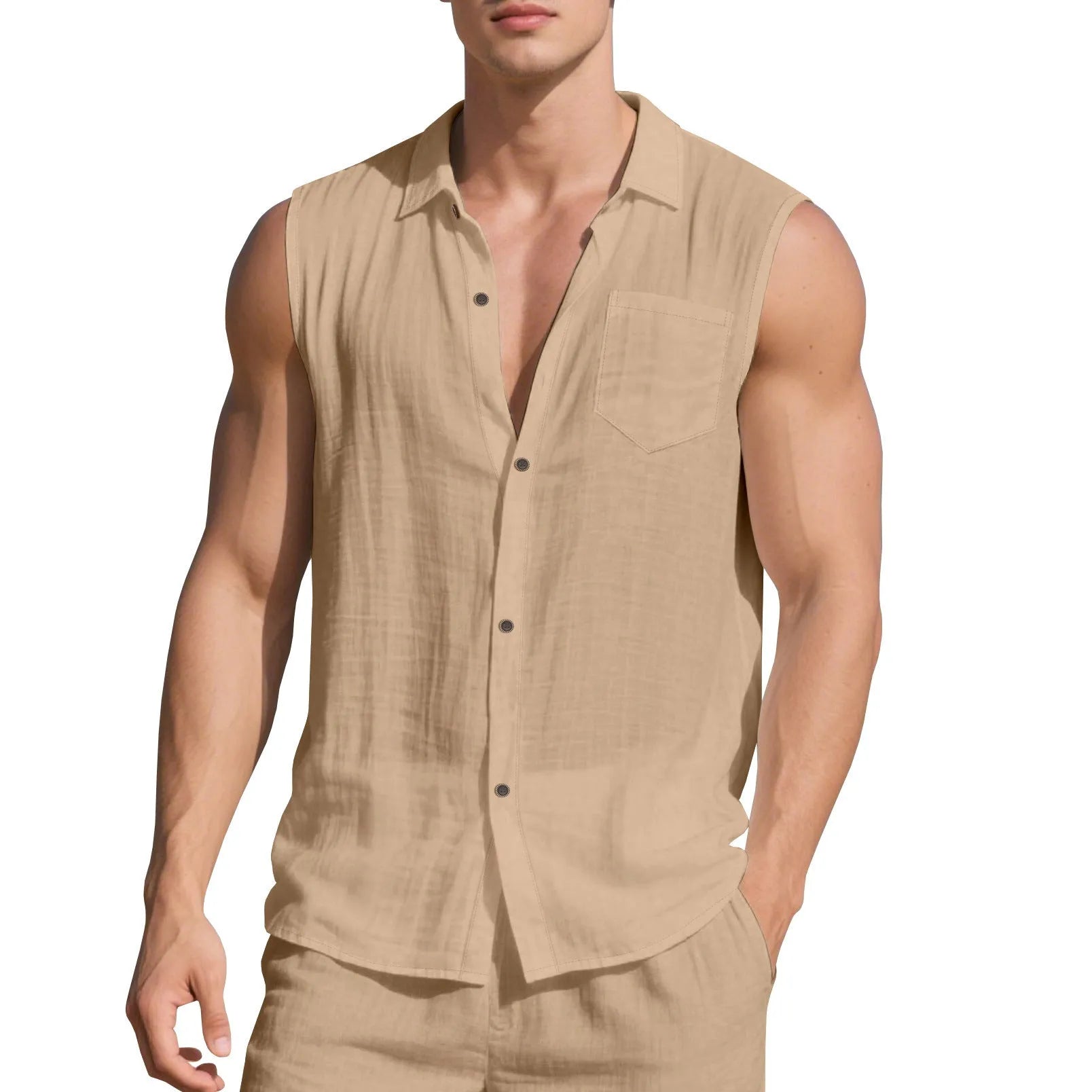 Men's sleeveless linen cardigan vest with polo collar in light blue colour showing loose fit design