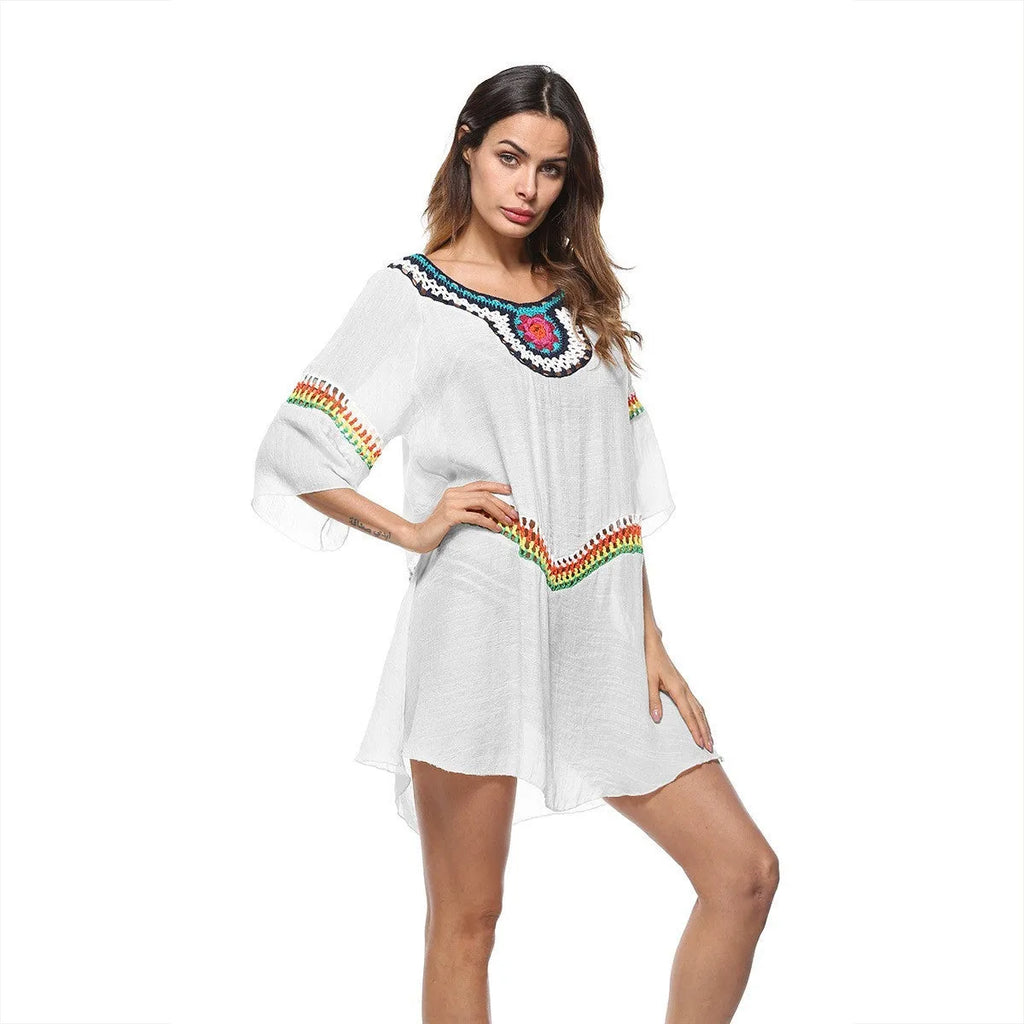 Women's crocheted ethnic style sun protection beach cover-up in acrylic fabric