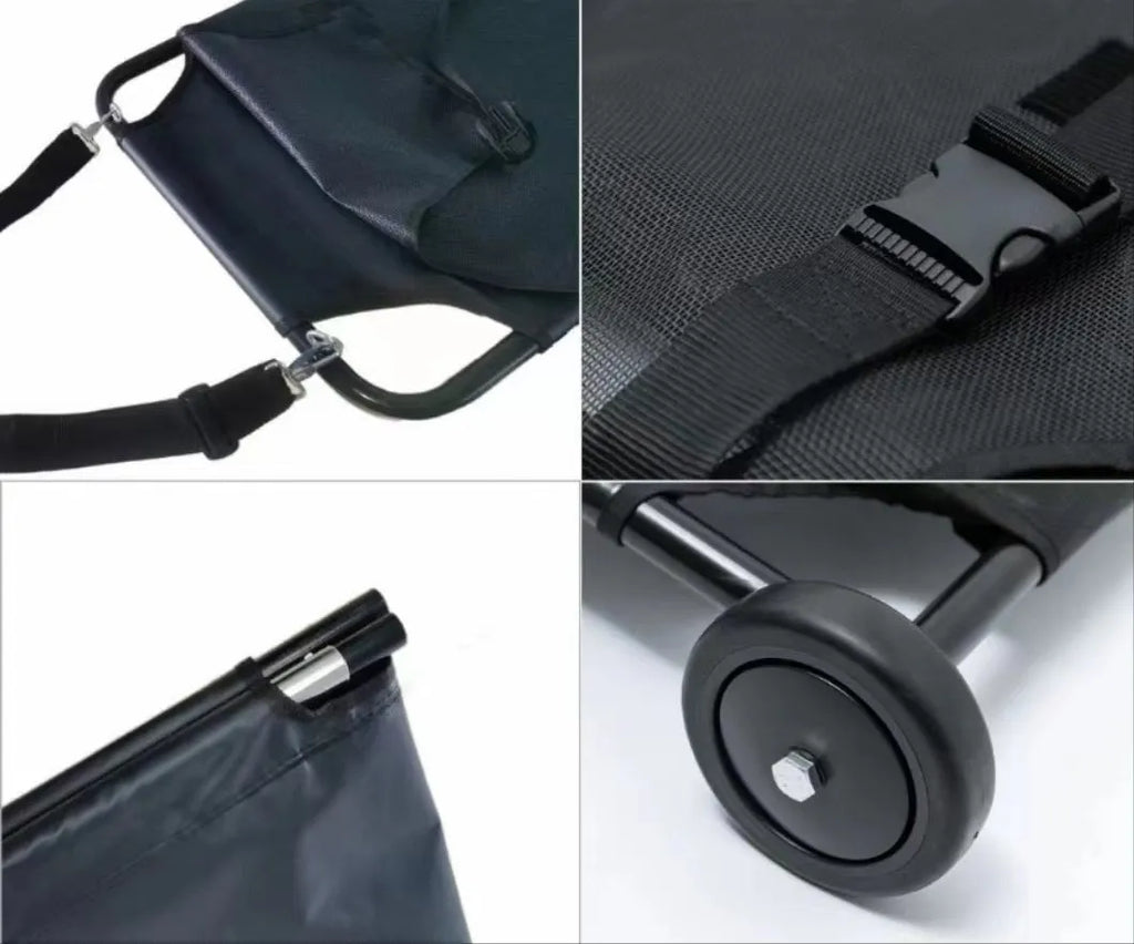 Black foldable aluminium alloy pet stretcher shown folded and unfolded, for large dog transport.