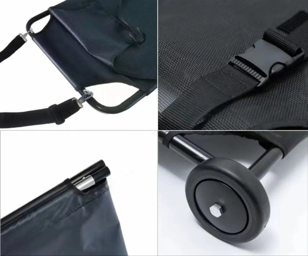 Black foldable aluminium alloy pet stretcher shown folded and unfolded, for large dog transport.