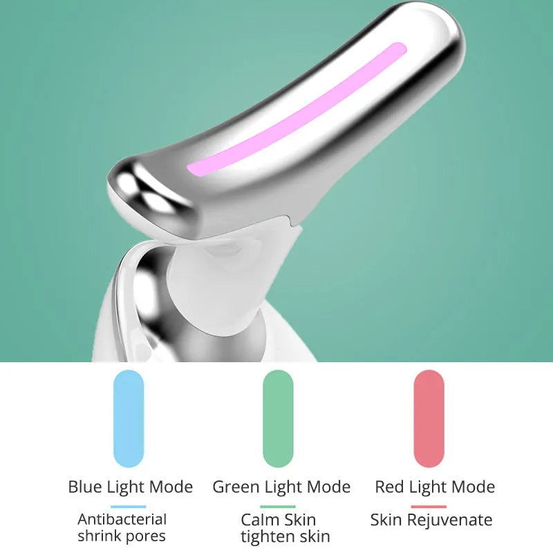 EMS thermal neck lifting massager device with LED lights on, shown on skin.