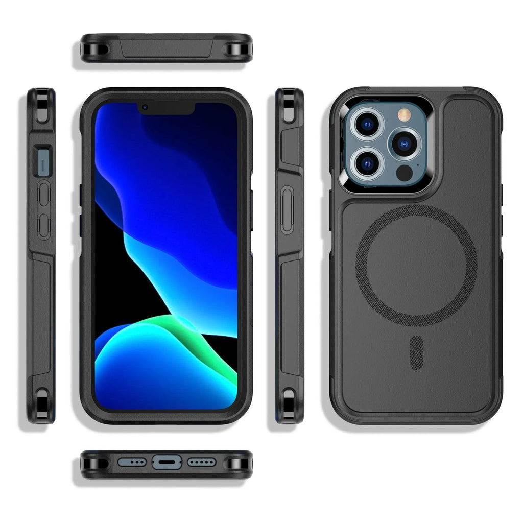 Black shatterproof magnetic phone case for iPhone 12 and 13 series showing front and back views
