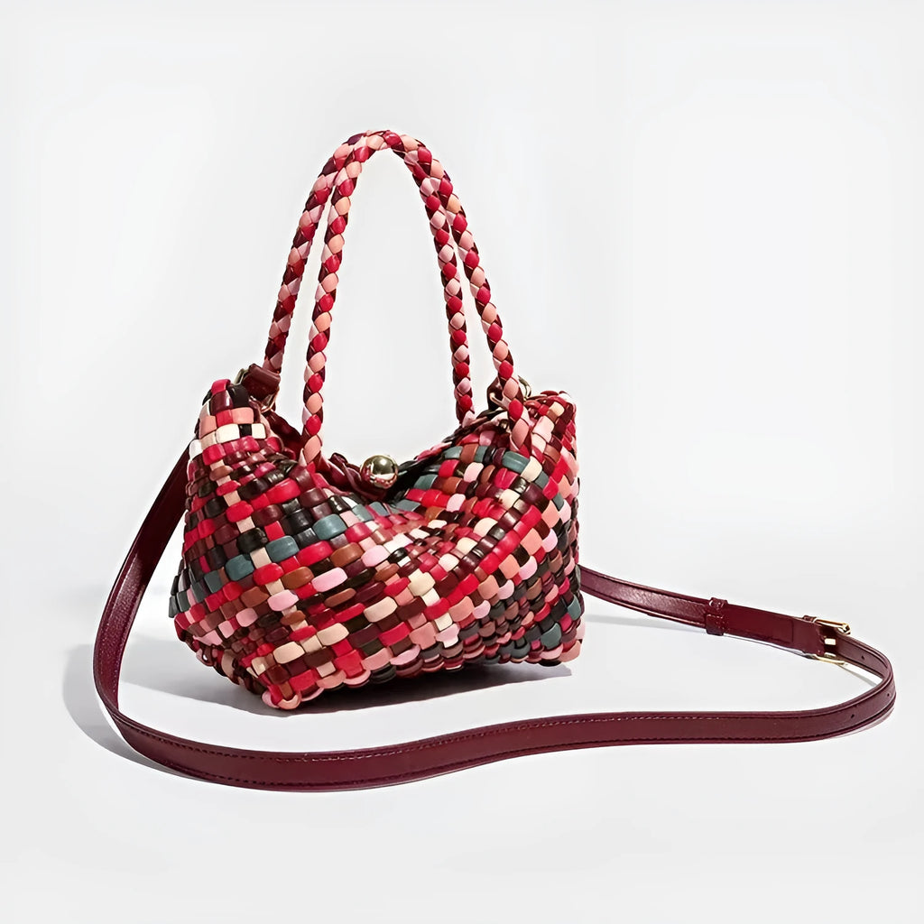 Women's woven shoulder bag in PU material with textured pattern, showing 18cm length by 11cm width by 14cm height dimensions.