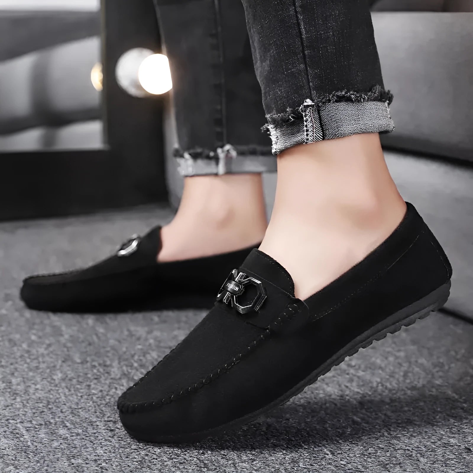 Men's black and grey suede casual shoes with leather upper and rubber sole