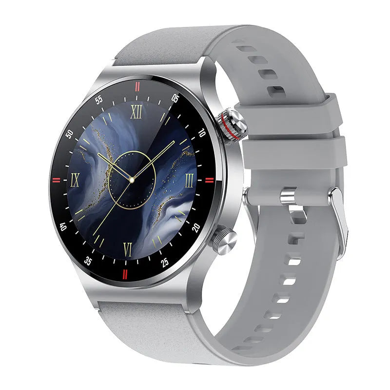 Black smart sports watch with silicone band showing a 1.28-inch display with health metrics.
