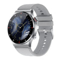 Black smart sports watch with silicone band showing a 1.28-inch display with health metrics.