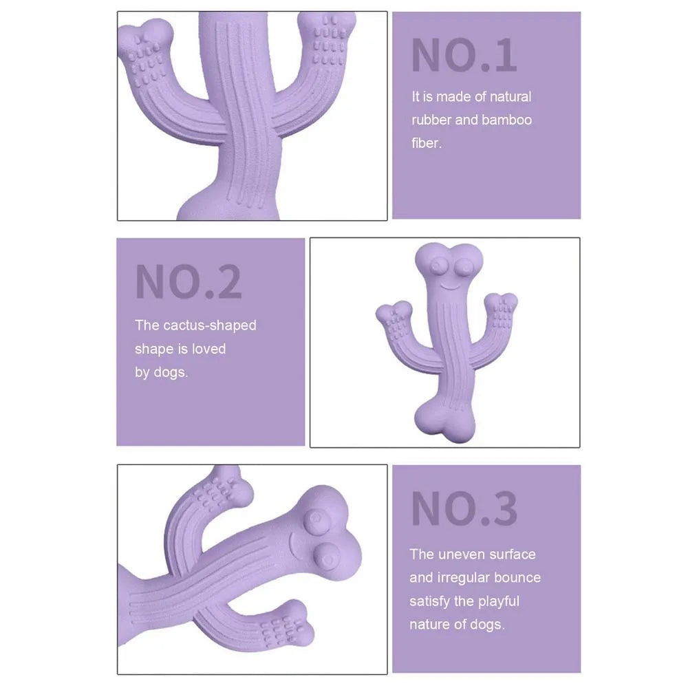 Cactus-shaped dog chew toy in beige, blue, or purple, made from bamboo fibre and rubber.