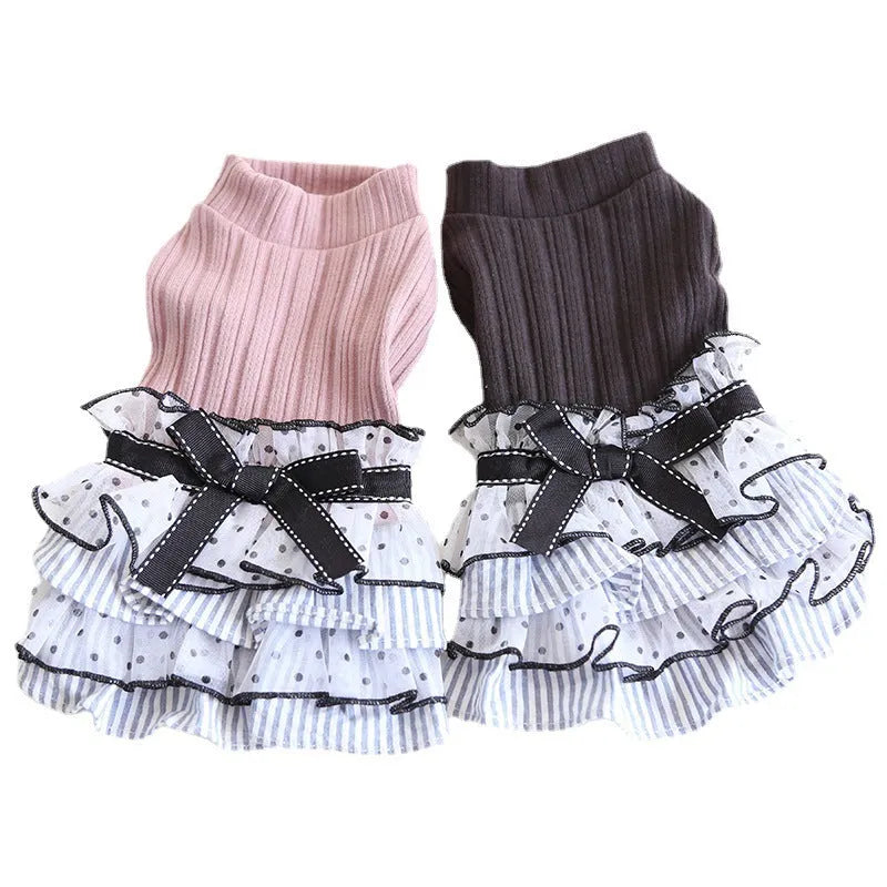 Polka dot lace princess cake dress for a small dog, shown in taro purple colour.