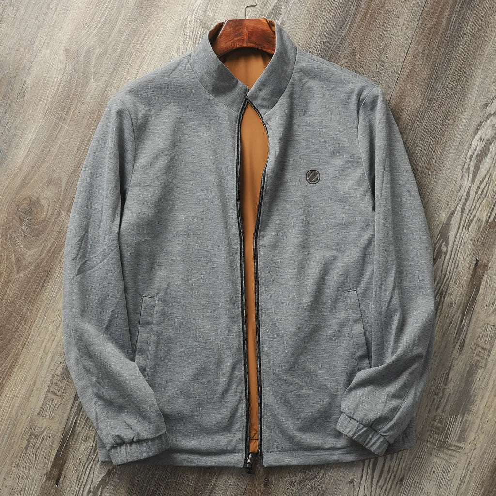 Men's simple stand collar jacket in army green colour, showing regular fit and sleeve design.
