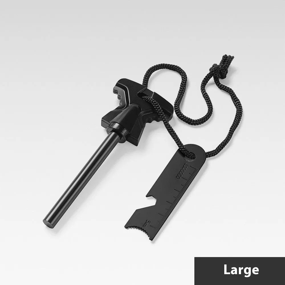 Butterfly-shaped stainless steel survival tool with fire starter and bottle opener, shown with dimensions.