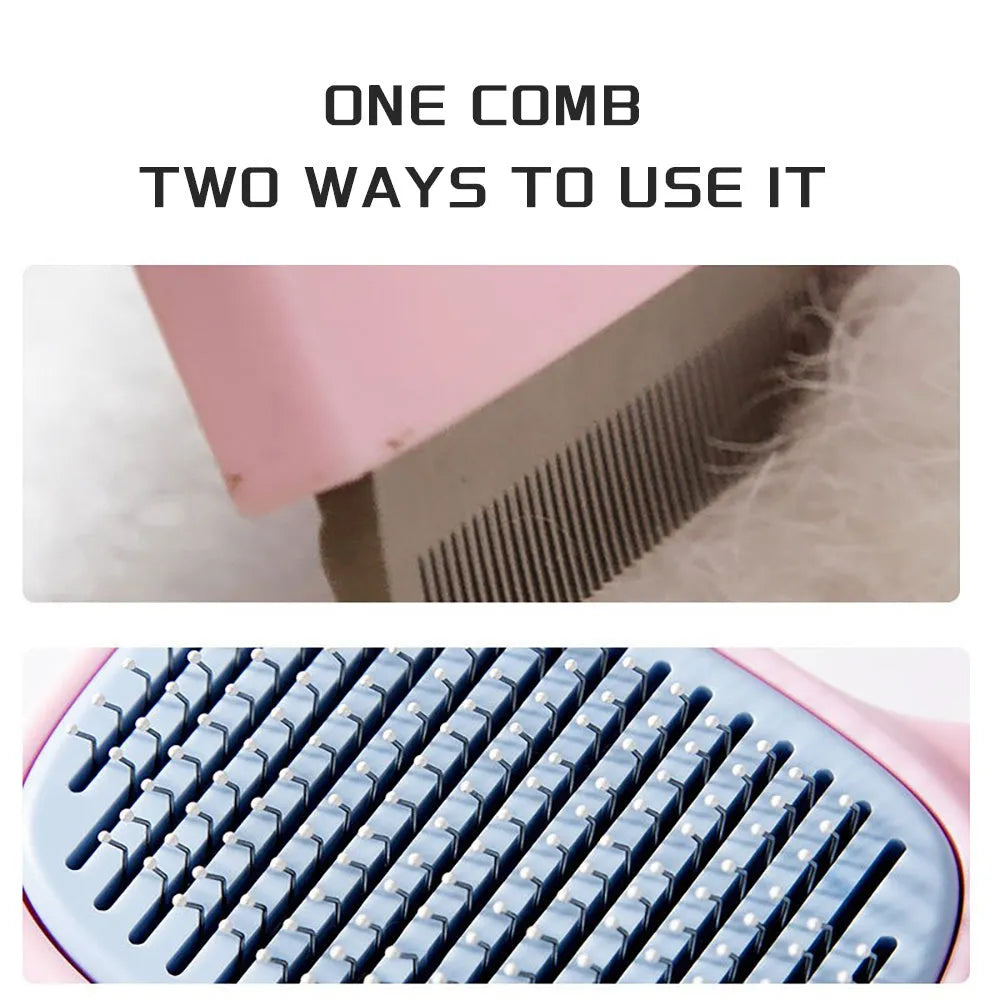 Blue and green dual-sided pet grooming brush with a deshedding rake and dematting comb.
