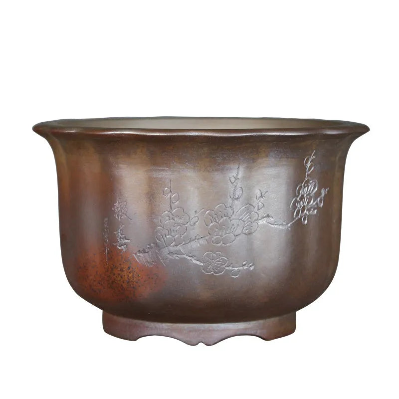 Classical carved ceramic bonsai pot in S1696 firewood brown with antique wood-burning finish
