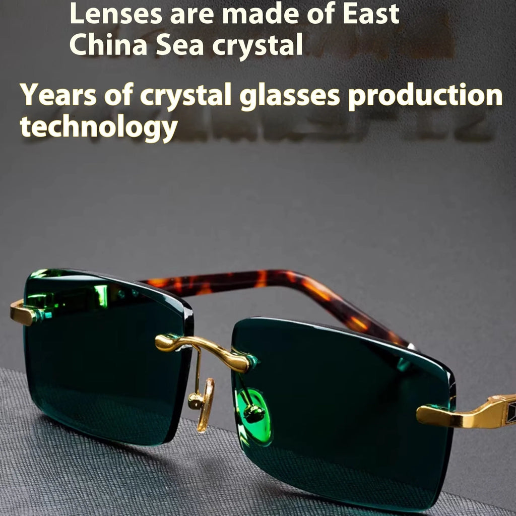 Dark green crystal frameless sunglasses with glasses case and lens cloth