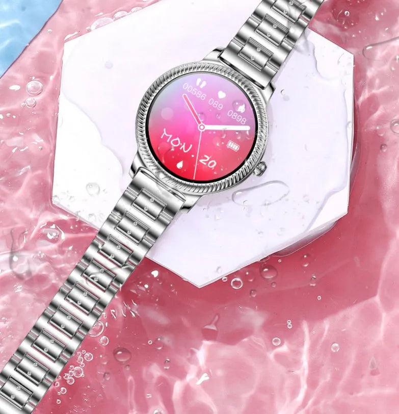 AK38 ladies smart watch with metallic stainless steel strap and 1.09-inch colour screen.