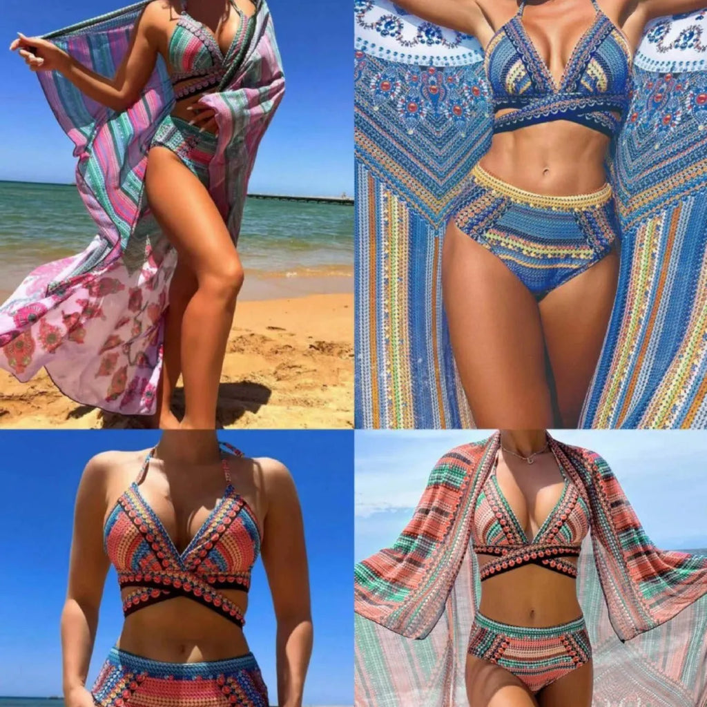 Women's cross bandage bikini swimsuit with high waist bottoms in blue, available in three-piece set