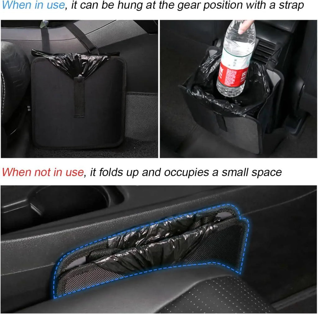 Black waterproof Oxford cloth car hanging trash can folded and unfolded showing 220x145x220mm dimensions