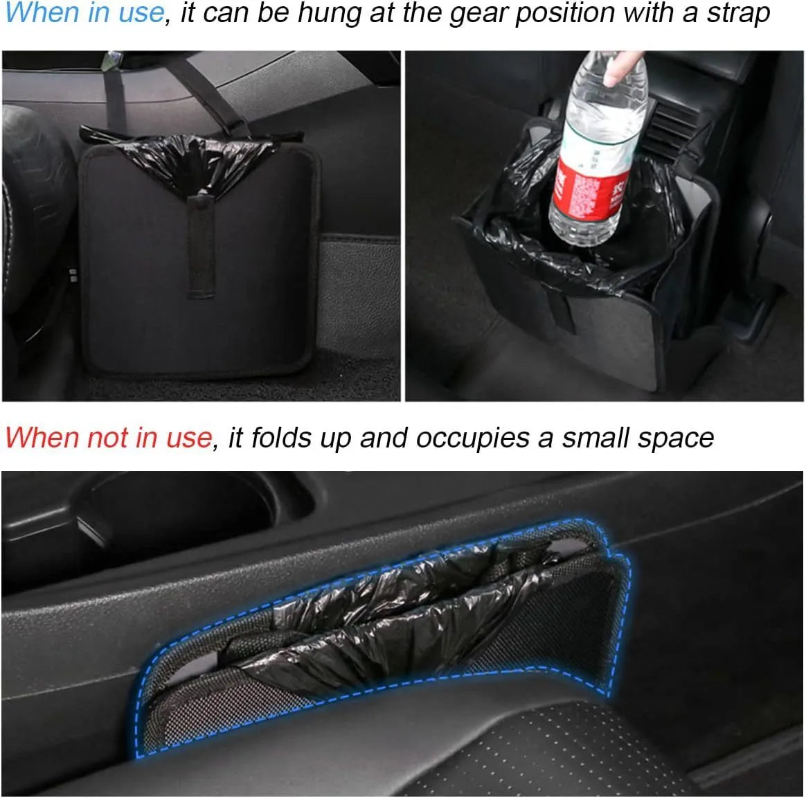 Black waterproof Oxford cloth car hanging trash can folded and unfolded showing 220x145x220mm dimensions