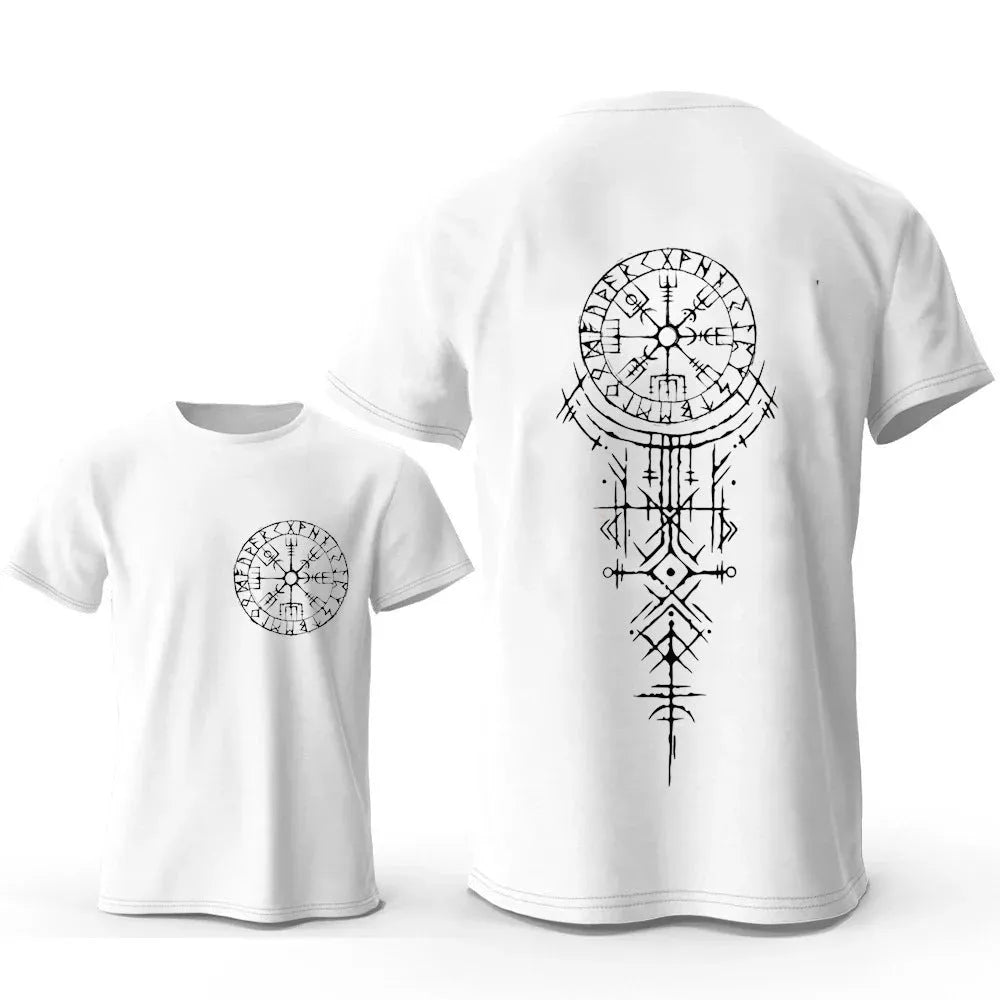 Viking rune compass graphic on pure cotton men's T-shirt with smiling face design