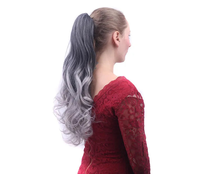 55cm colourful gradient clip ponytail wig in black deep granny grey for ladies, high temperature wire roll-style mechanism