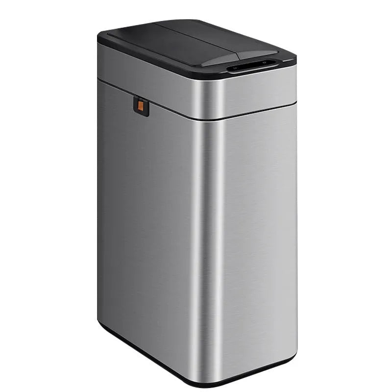 Stainless steel square inductive smart trash can with automatic lid and deodorising function.