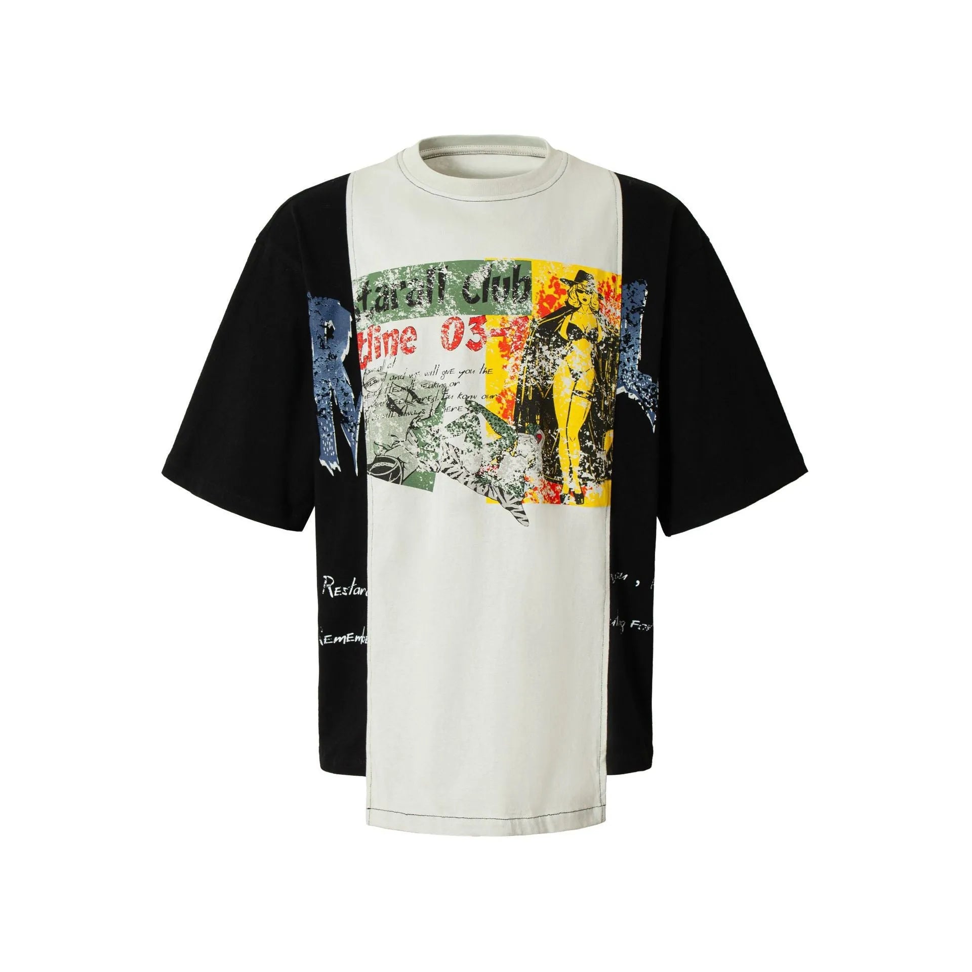 Black and white broken collage print cotton blend t-shirt with short sleeves and loose fit