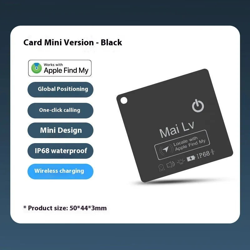 MFI FindMy AirTag compatible GPS tracking card with keychain in black
