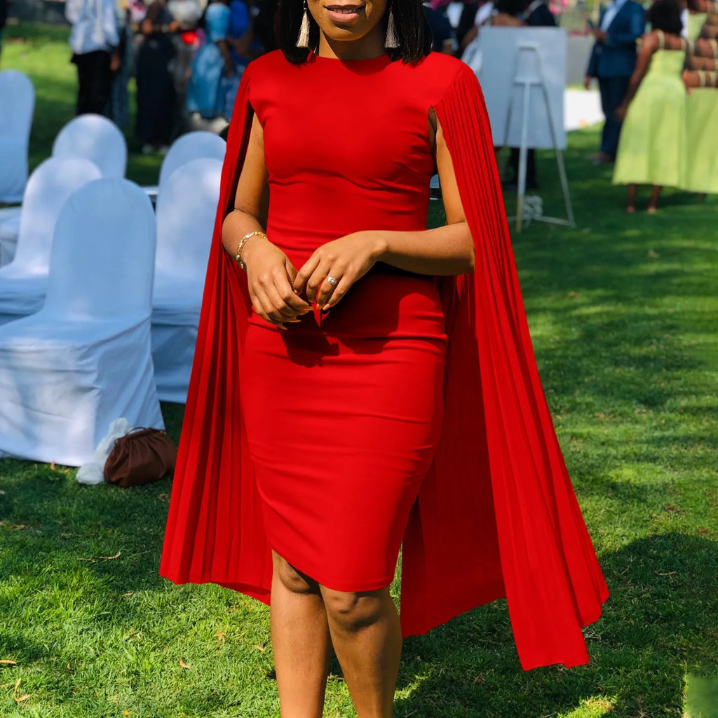 Round neck pleated shawl evening gown dress with high waist and long sleeves in multiple colour options