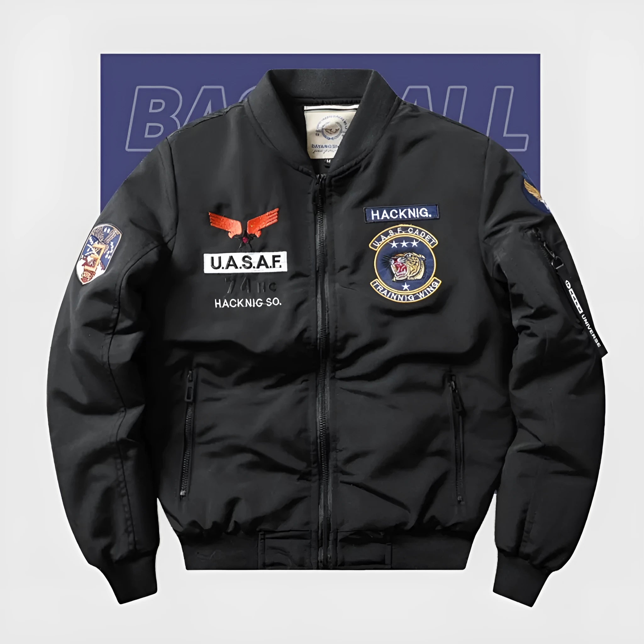Men's blue retro Harley Davidson motorcycle coat with embroidered patches and stand collar