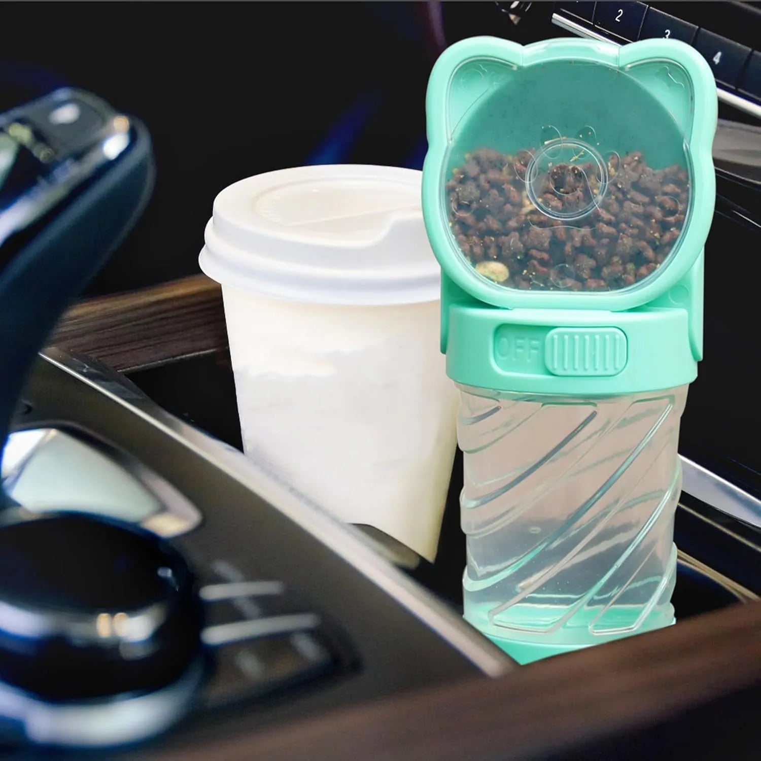 Green 3 in 1 portable pet water bottle with food container and waste bag dispenser