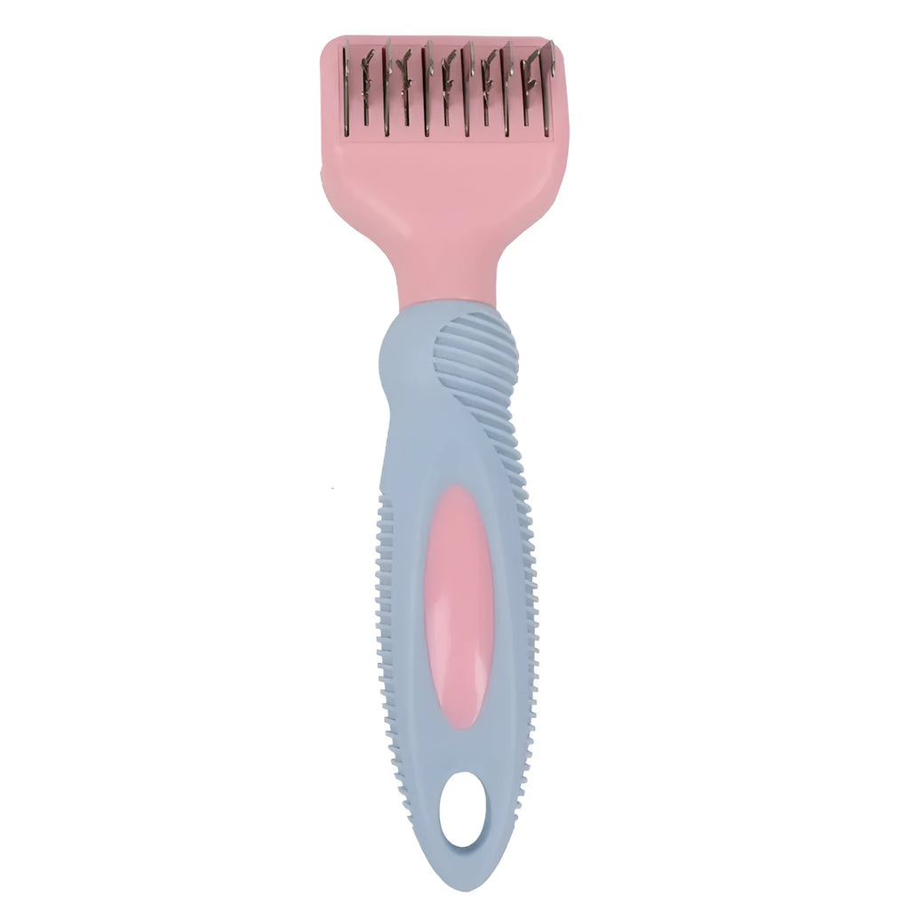 Stainless steel pet grooming comb with pink rubber handle for dogs and cats
