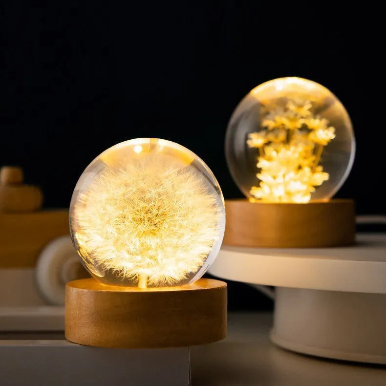 Dandelion crystal ball night light on beech wood stand with USB cable